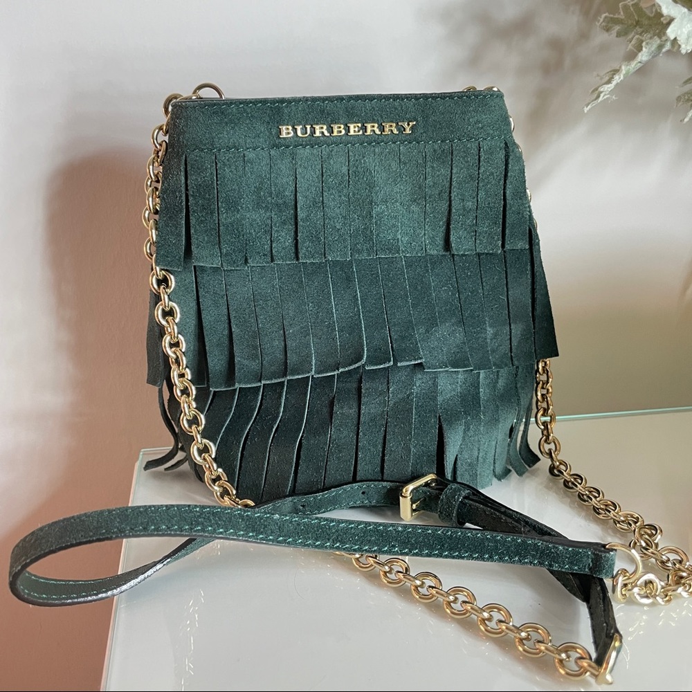 BURBERRY Suede Fringe Mini Bucket Crossbody Bag